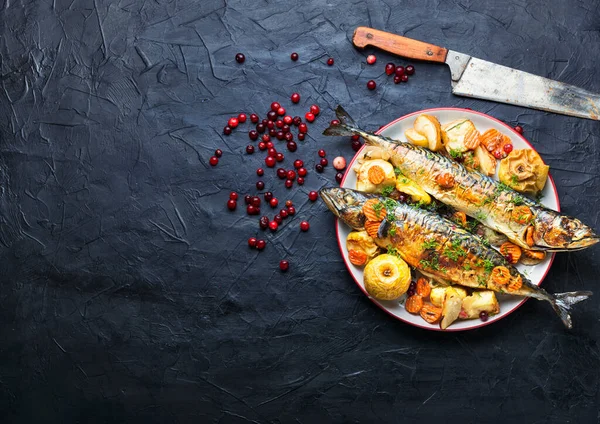 Delicious mackerel or scomber in apples and cranberry.Copy space