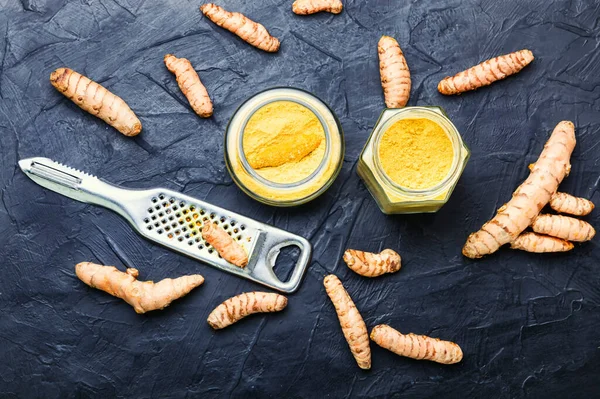 Fresh Turmeric Root Rhizome Turmeric Powder — Stock Photo, Image