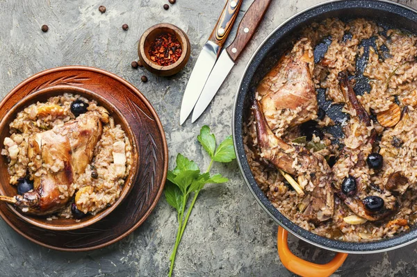 Pilaf Apetitoso Com Coelho Guisado Risotto Com Uma Lebre — Fotografia de Stock