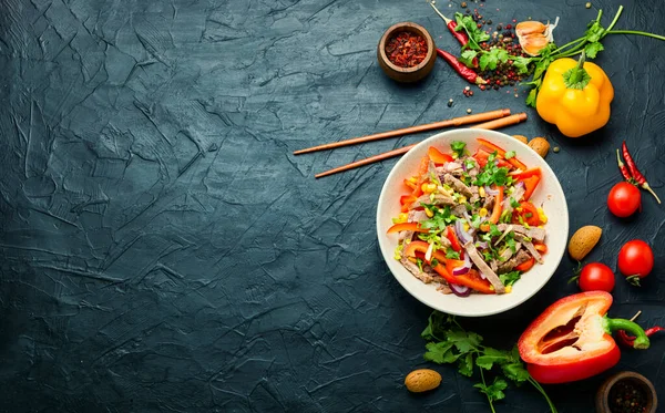 Asian Meat Salad Beef Pepper Tomato Corn Spring Salad Copy — Stock Photo, Image