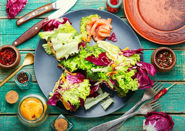 Paupiette Salada Salmão Damascos Secados Salada Salmão Com Folhas Verdes — Fotografia de Stock