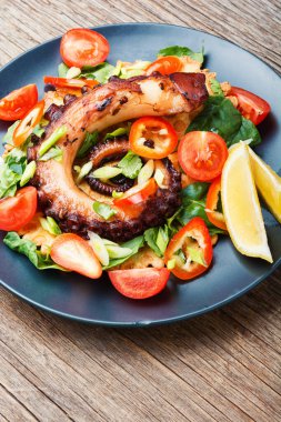 Ahtapot, dolmalık biber, domates ve yeşil salata. Deniz ürünleri salatası.