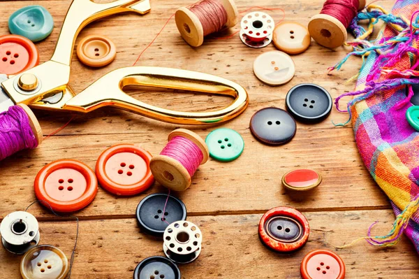 Sewing Kit Threads Buttons Fabric Accessories Sewing Needlework — Stock Photo, Image