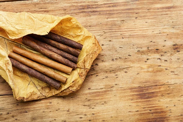 Cigarillos Dry Tobacco Leaf Wooden Background — Stock Photo, Image
