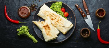 Pide ekmeğine sarılmış kızarmış etten yapılmış tavuk arap shawarma.