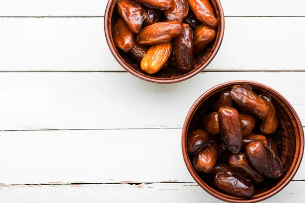 Dried Date Fruit Bowl Traditional Oriental Sweets Copy Space — Stock Photo, Image