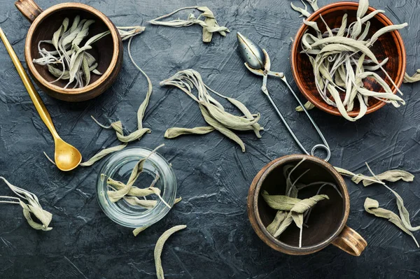 Herbal Sage Tea Dry Sage Leaf Herbal Medicine Healing Plants — Stock Photo, Image