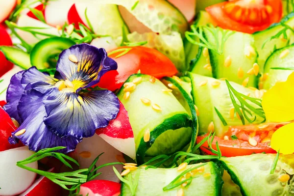 Sałatka Warzywami Jadalnymi Kwiatami Pojęcie Dietetyczne Kolorowa Sałatka Detox — Zdjęcie stockowe