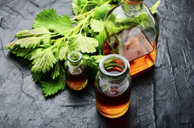 Cam şişedeki ısırgan otu özü ve taze ısırgan otu yaprakları. Bitkisel ilaçlarda ısırgan otu.