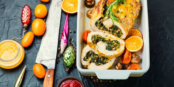 Turkey Meatloaf Spinach Mushrooms Meat Roll Kumquat Orange Sauce Christmas — Stock Photo, Image