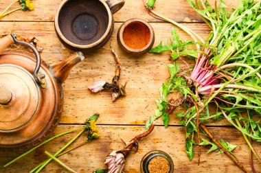 Bir şişe karahindiba konservesi. Taraxacum, tıbbi bitkiler. Karahindiba kökü..