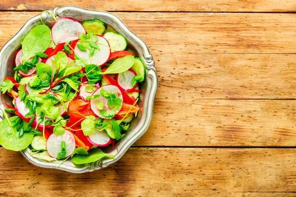 Healthy Vegetable Salad Made Radish Pepper Cabbage Greens Space Text — Stock Photo, Image