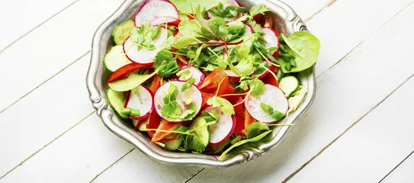 Salada Legumes Saudável Feita Rabanete Pimenta Repolho Greens Vegan Comida — Fotografia de Stock