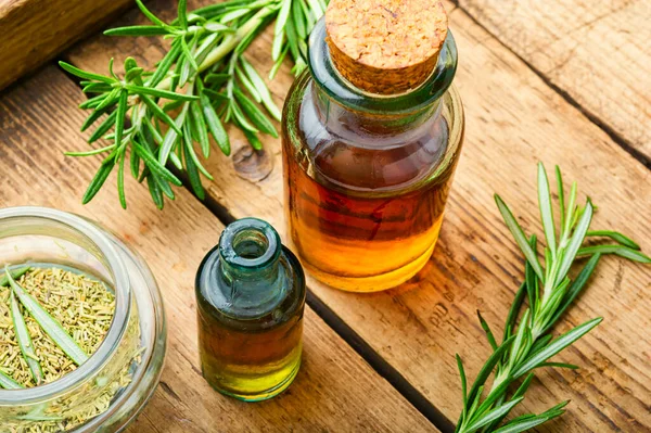 Essential Oil Bottle Fresh Rosemary Rustic Wooden Table — Stock Photo, Image
