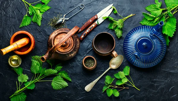 Teapot Cups Nettle Herbal Tea Herbal Medicine Homeopathy — Stock Photo, Image