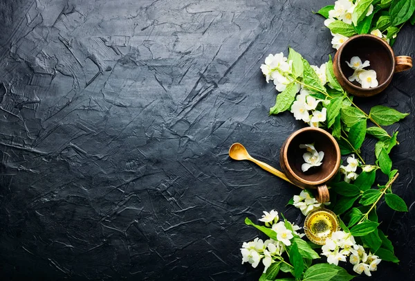 Kwiat Jaśminu Herbaty Ziołowej Clay Filiżanki Herbaty Widok Góry Przestrzeń — Zdjęcie stockowe
