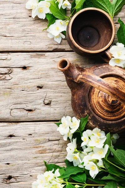 Clay Tea Cups Teapot Jasmine Flower Tea Herbal Tea Green — Stock Photo, Image