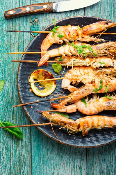 Fried Langoustines Prawn Roasted Skewer Grilled Shrimp Skewers Seafood Shelfish — Foto de Stock