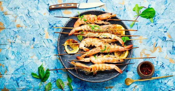 Langostinos Parrilla Langostinos Asados Pincho Placa Mariscos Parrilla — Foto de Stock