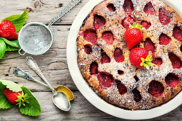 Traditional Strawberry Pie Rustic Wooden Table Strawberry Tart — Stock Photo, Image