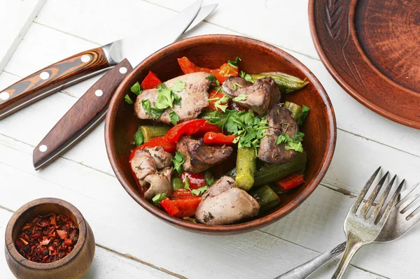 Salad with liver,bell pepper,okra and herbs.Chicken liver salad