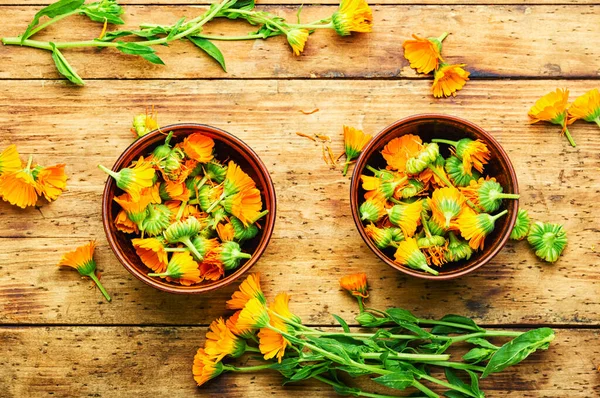 Färska Ringblomma Blommor Växtbaserade Medicin Marigold Helande Örter Rustika Trä — Stockfoto