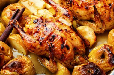 Tepside pişirilmiş nefis ev yapımı tavuk. Baharatlı ve meyveli keklik..