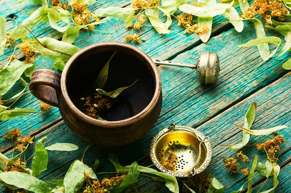 Taza Arcilla Follaje Fresco Inflorescencias Tilo Medicina Herbal Homeopatía —  Fotos de Stock