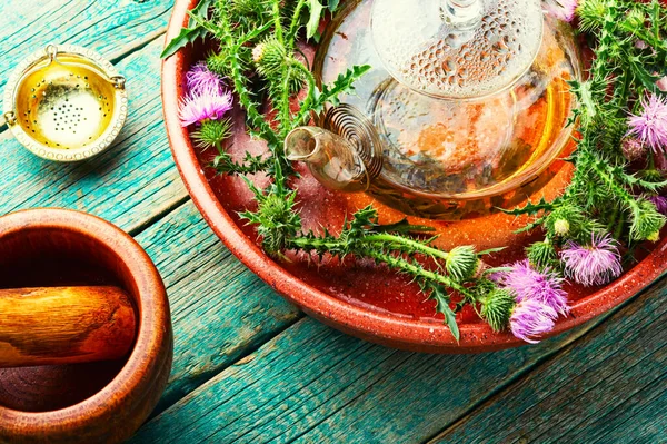 Teekanne Mit Medizinischem Wildkräutertee Milchdistel Oder Silybum Marianum Der Kräutermedizin — Stockfoto