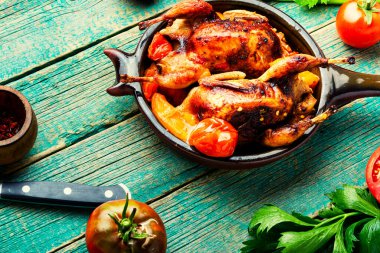 Domates sosunda pişirilmiş bıldırcın. Lezzetli kızarmış bıldırcın