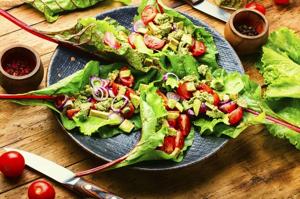 Avokadosallad Tomat Med Vitlökssås Mangold Blad Sommar Vitaminsallad Tallrik — Stockfoto