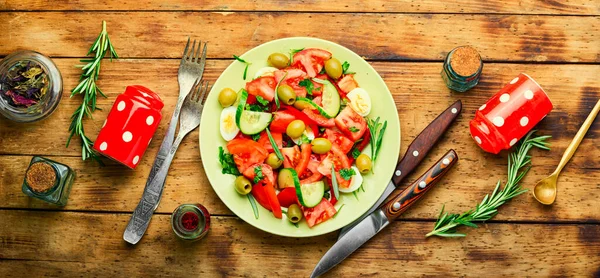 Salade Tomates Concombres Olives Œufs Légumes Frais Salade Diététique — Photo