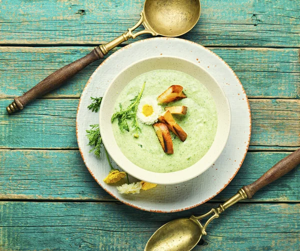 Puree Soup Dietary Zucchini Herb Soup Garnished Croutons Summer Soup — Stock Photo, Image