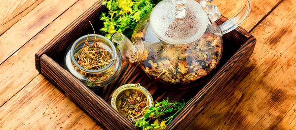 Çaydanlıkta Bitki Çayı Bitki Çayı Bitkisel Içecek Hypericum Çiçekleri — Stok fotoğraf