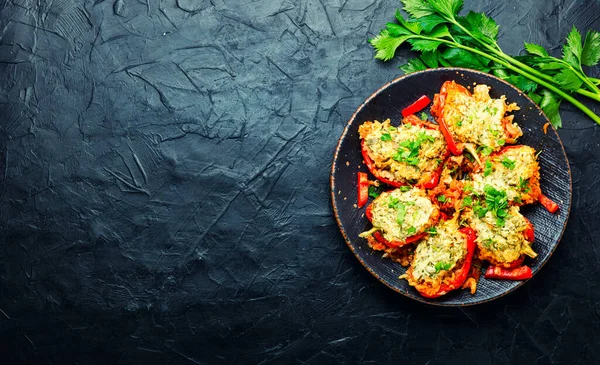 Sweet Peppers Stuffed Turkey Herbs Rice Sweet Peppers Baked Satsiki — Stock Photo, Image