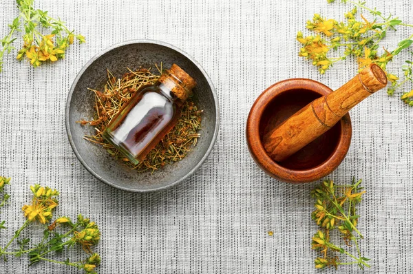 Botella Tintura Curativa Elixirs Hypericum Herbal Flor Extract Herbal Medicina —  Fotos de Stock