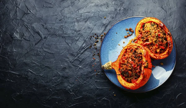 Hokkaido Pumpkin Baked Minced Meat Vegetables Quinoa Autumn Traditional Food — Stock Photo, Image