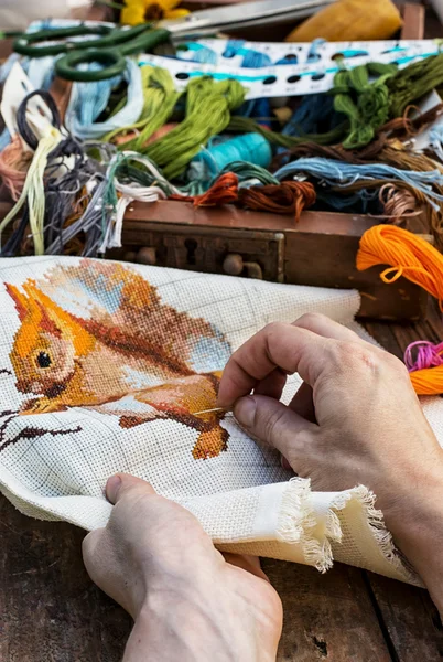Vrouw hand en naaien tools — Stockfoto