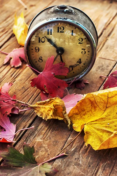 Old clock on the background of fallen leaves — Stock Photo, Image