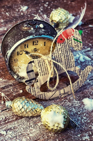 Old clock and Christmas decorations — Stock Photo, Image