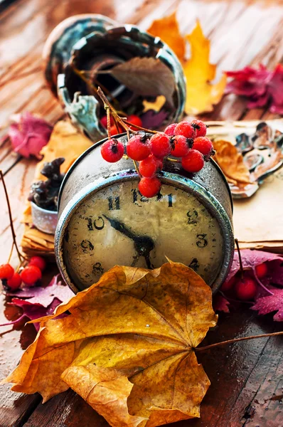 Старые часы на фоне опавших листьев — стоковое фото