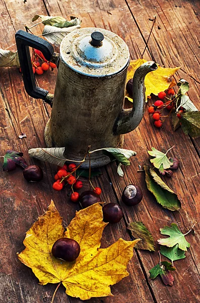 Herfst gevallen bladeren op houten tafel — Stockfoto