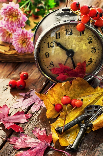 Reloj en tiempo lluvioso con hojas caídas — Foto de Stock