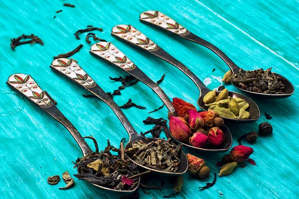 Varieties of dry,fragrant tea leaves — Stock Photo, Image