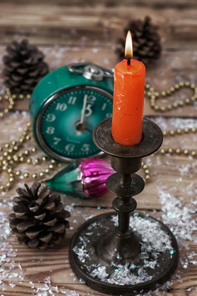 Old-fashioned clock and Christmas toy — Stock Photo, Image