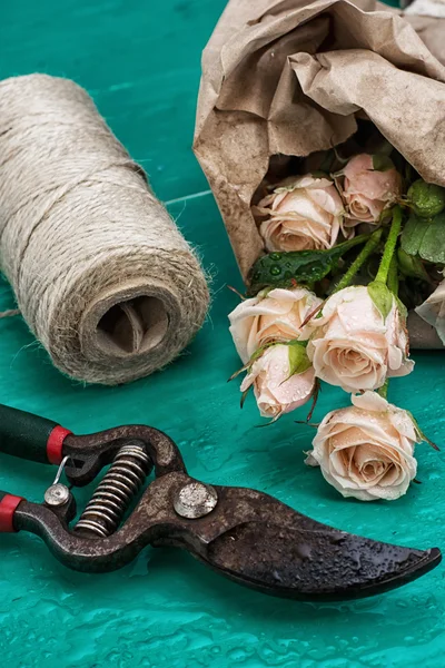 Herramienta de jardín y rosas frescas —  Fotos de Stock