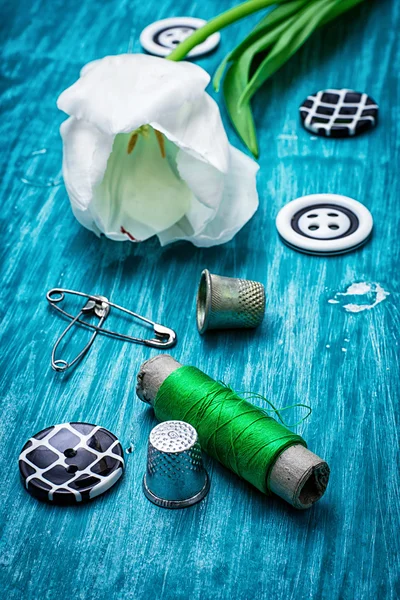 Один белый тюльпан и кнопки с нитями — стоковое фото