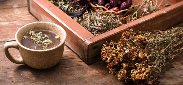 Té elaborado con manzanilla en tazas de cerámica —  Fotos de Stock