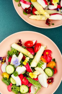 Beyaz kuşkonmaz karışık sebzeli sulu, yeşil bir salata.