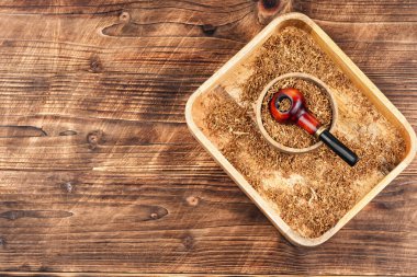 Kurutulmuş tütün yapraklarıyla dolu zarif tütün piposu. Rahatlama ve sigara piposu kavramı. Metin için boşluk.